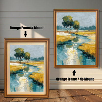 Comparison image showing the abstract landscape art print in an Orange Frame. On the left: ""Orange Frame & Mount"" (with a light border/mat). On the right: ""Orange Frame / No Mount"" (without a border/mat).