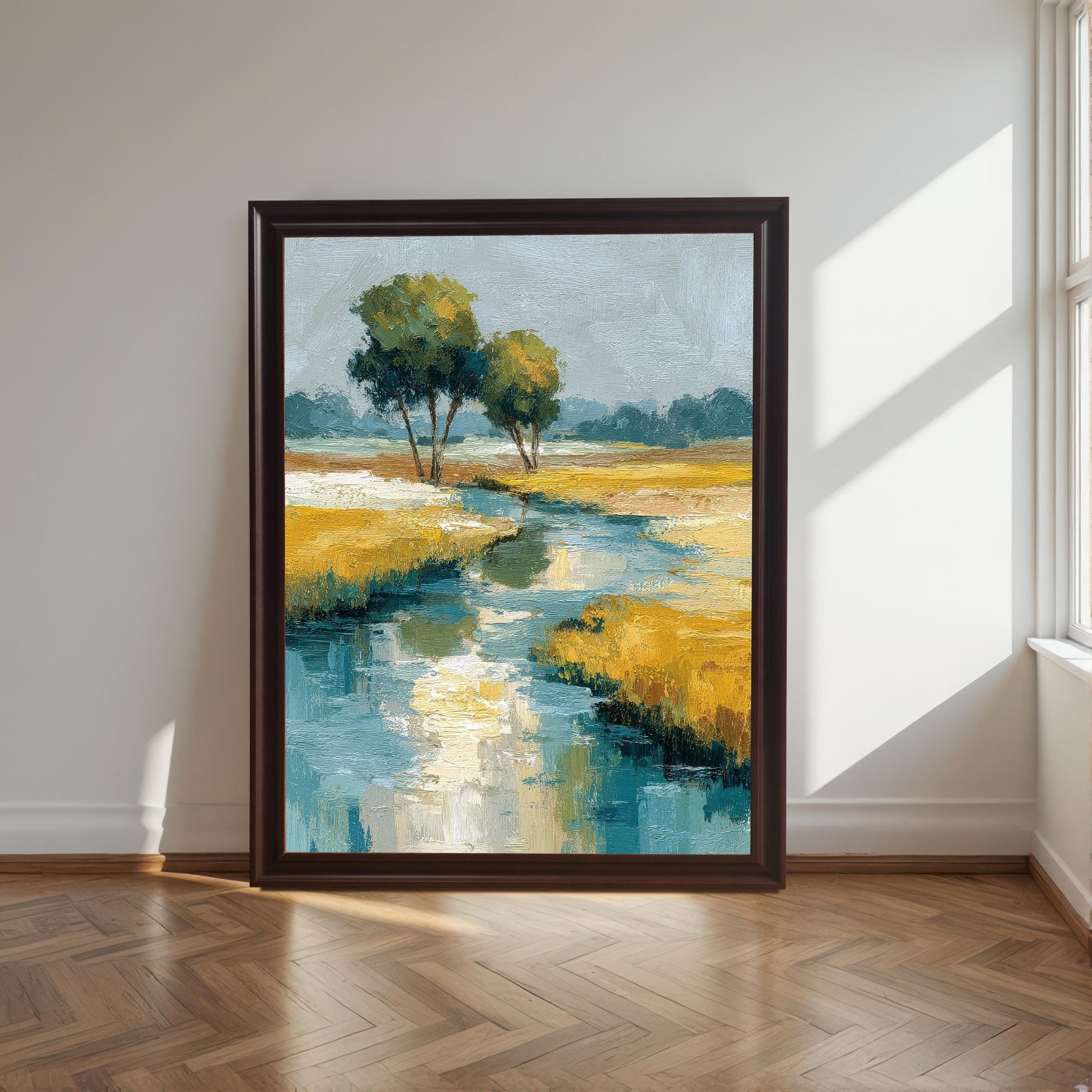 A large framed art print of the abstract landscape painting, leaning on a herringbone wood floor against a white wall near a window. The frame is a dark brown (Coffee) wood.