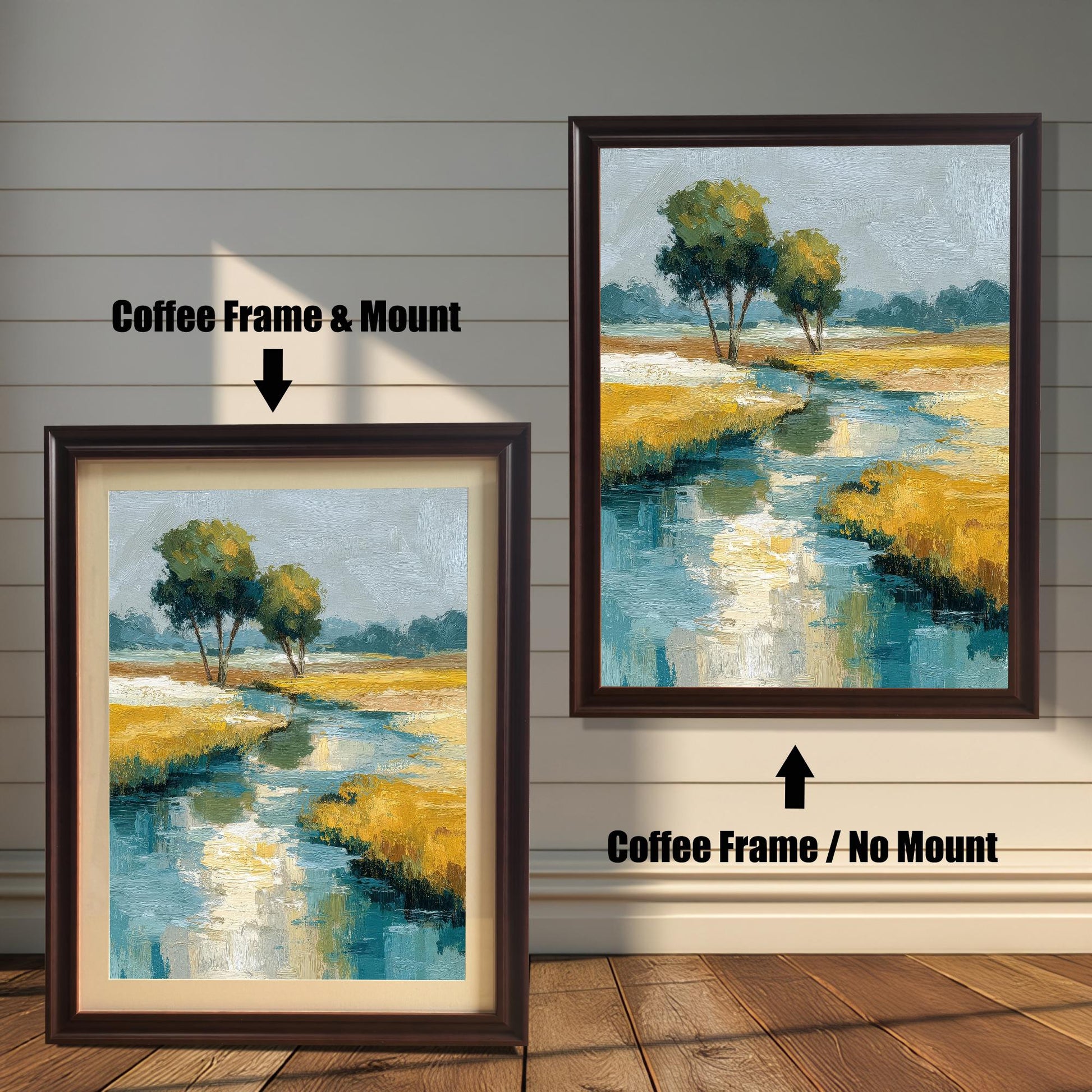 Comparison image showing the abstract landscape art print in a Coffee Frame. On the left: ""Coffee Frame & Mount"" (with a light border/mat). On the right: ""Coffee Frame / No Mount"" (without a border/mat).