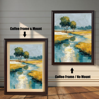 Comparison image showing the abstract landscape art print in a Coffee Frame. On the left: ""Coffee Frame & Mount"" (with a light border/mat). On the right: ""Coffee Frame / No Mount"" (without a border/mat).