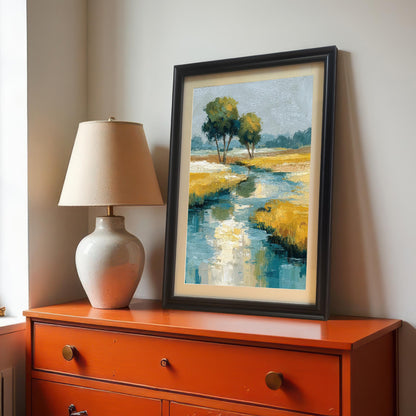 A framed art print of the abstract landscape painting, leaning on an Orange/Red dresser. The frame is Black wood with a light border/mount. A cream-colored table lamp is next to the print.