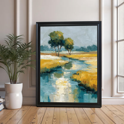 A large framed art print of the abstract landscape painting (featuring a stream, yellow grass, and two trees), resting on a wooden floor against a wall with white molding. The frame is Black with no mount/border visible. A potted green plant is visible on the left.