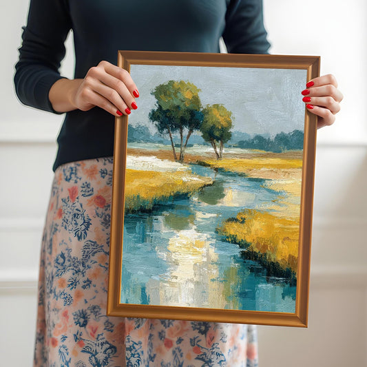 A woman in a black top and floral skirt holds up a framed painting of an abstract landscape. The painting features a stream/river with reflections, surrounded by vibrant yellow/ochre grass and two trees under a gray sky. The frame is Orange/Gold wood.