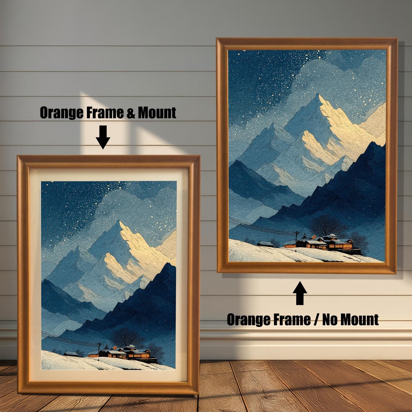 Comparison image showing the winter mountain art print in an Orange Frame. On the left: ""Orange Frame & Mount"" (with a light border/mat). On the right: ""Orange Frame / No Mount"" (without a border/mat).