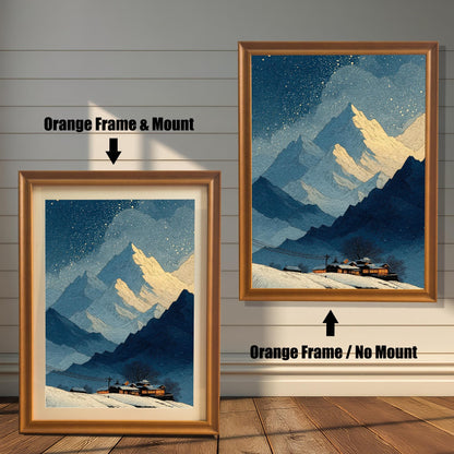 Comparison image showing the winter mountain art print in an Orange Frame. On the left: ""Orange Frame & Mount"" (with a light border/mat). On the right: ""Orange Frame / No Mount"" (without a border/mat).