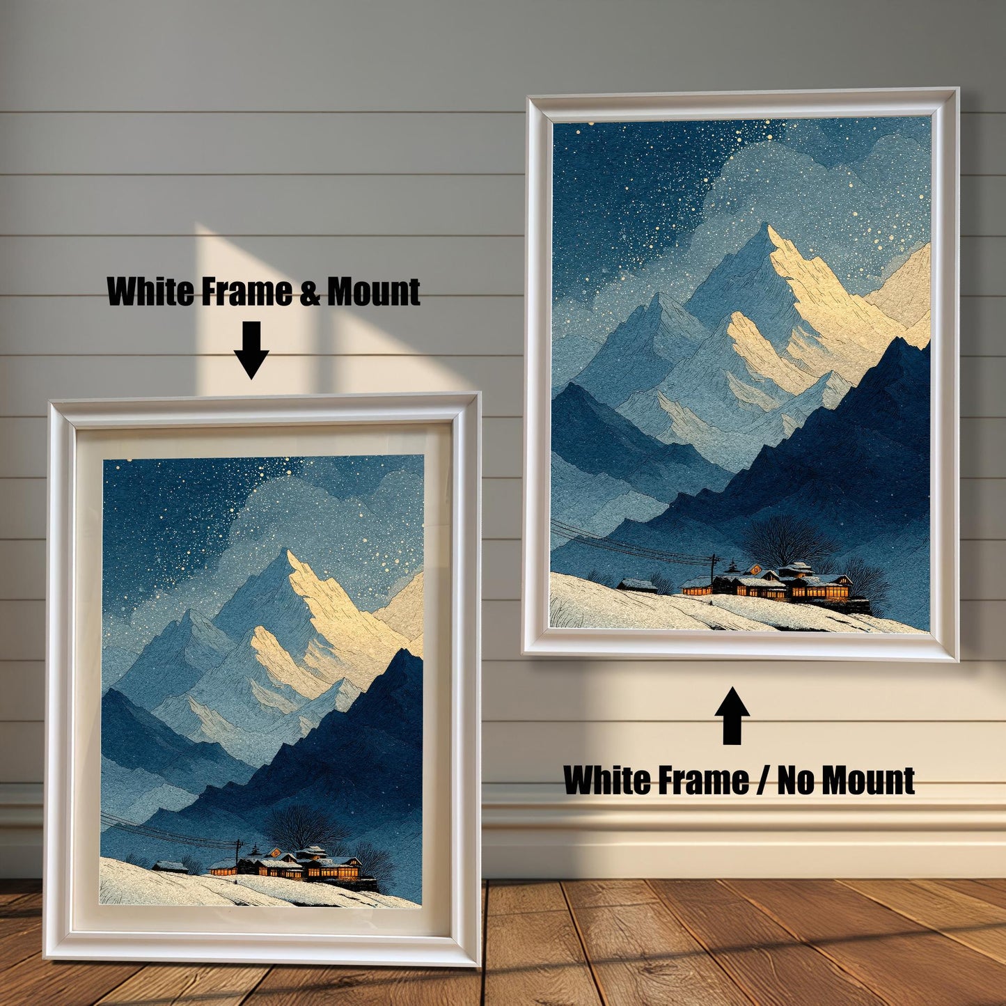 Comparison image showing the winter mountain art print in a White Frame. On the left: ""White Frame & Mount"" (with a light border/mat). On the right: ""White Frame / No Mount"" (without a border/mat).