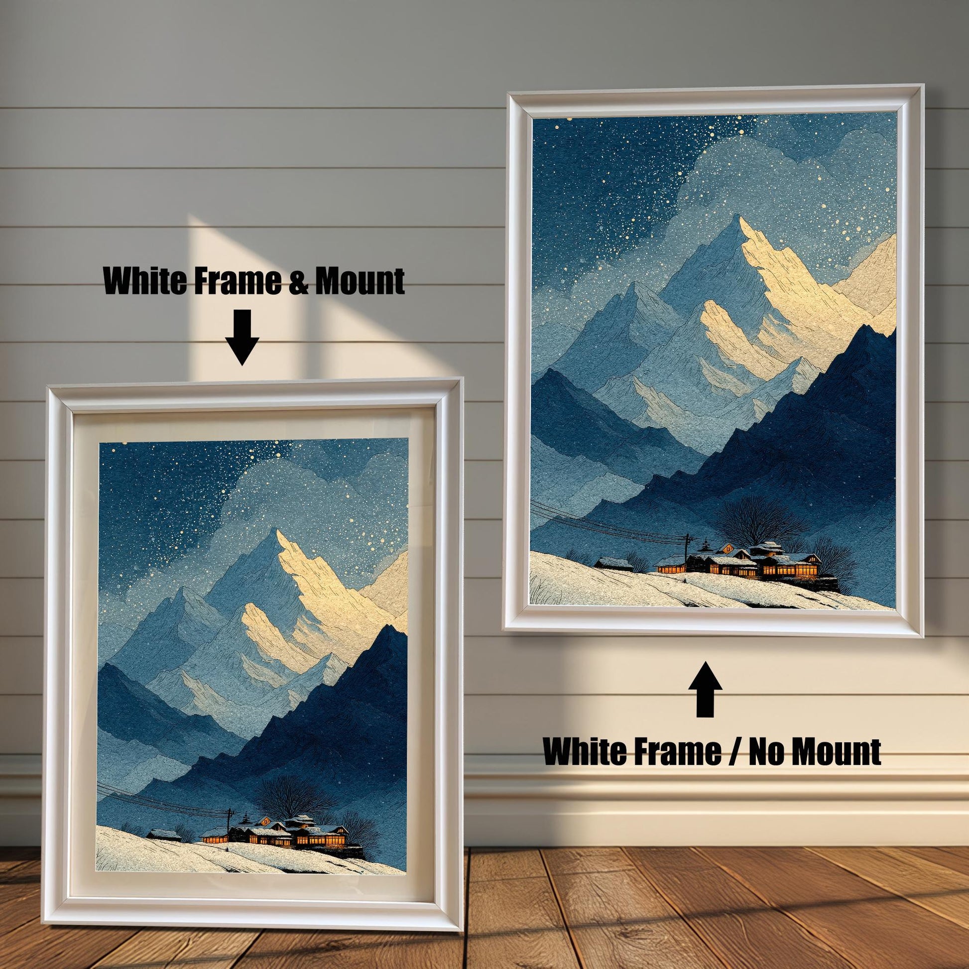 Comparison image showing the winter mountain art print in a White Frame. On the left: ""White Frame & Mount"" (with a light border/mat). On the right: ""White Frame / No Mount"" (without a border/mat).