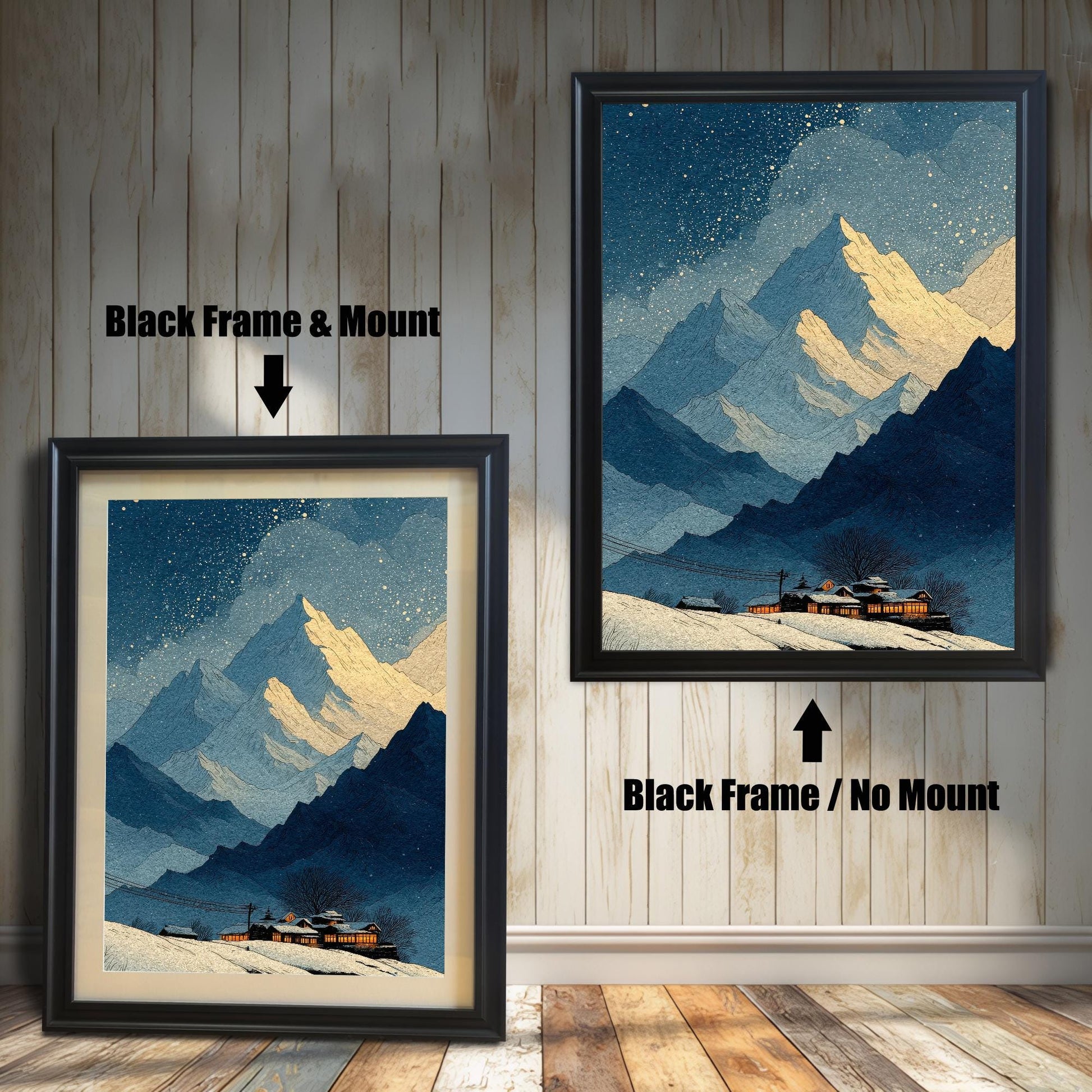 Comparison image showing the winter mountain art print in a Black Frame. On the left: ""Black Frame & Mount"" (with a light border/mat). On the right: ""Black Frame / No Mount"" (without a border/mat).