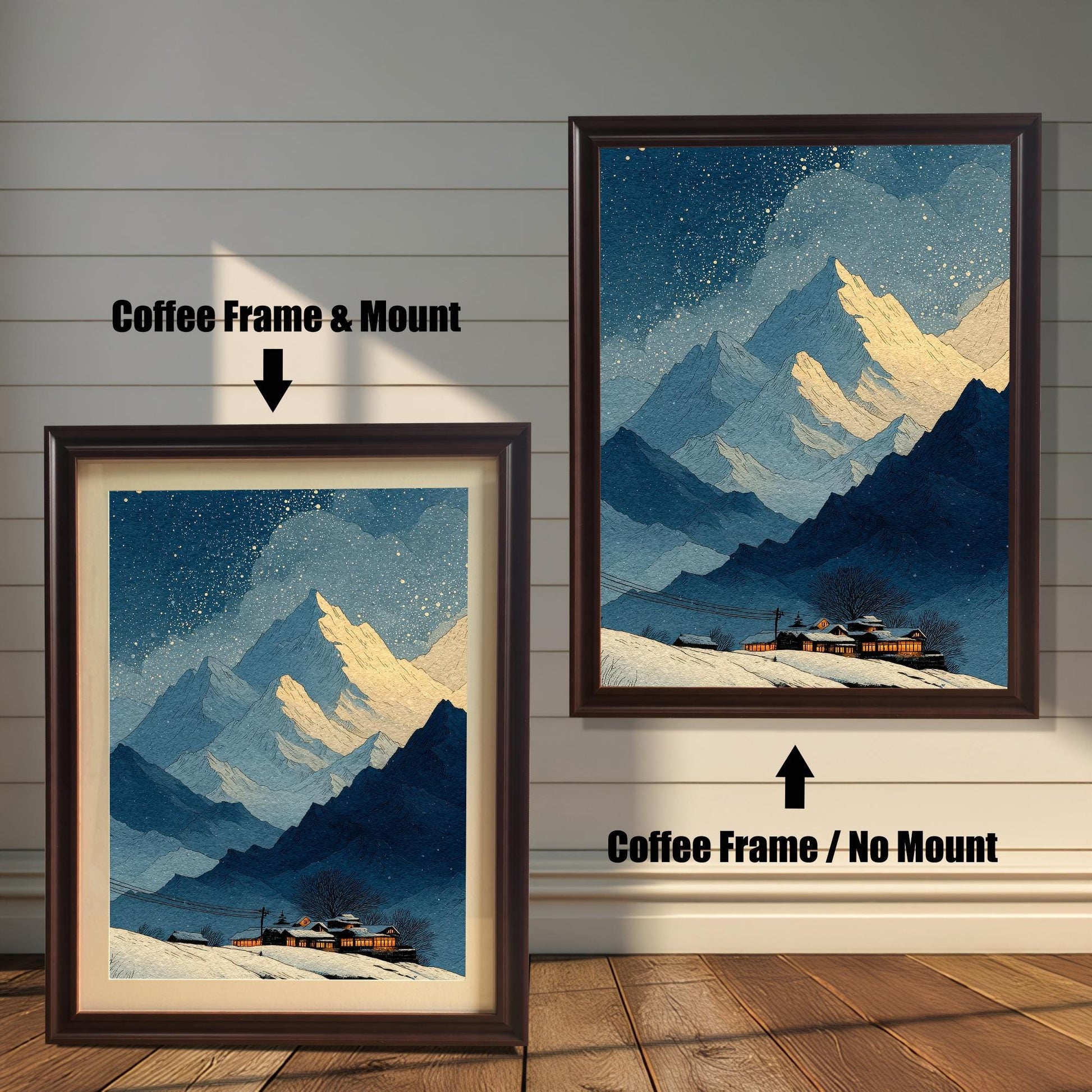 Comparison image showing the winter mountain art print in a Coffee Frame. On the left: ""Coffee Frame & Mount"" (with a light border/mat). On the right: ""Coffee Frame / No Mount"" (without a border/mat).