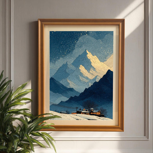 A framed art print of the snowy mountain landscape, hanging on a white paneled wall. The frame is Orange/Gold wood and includes a mount/border. A large potted plant is visible in the foreground on the left.