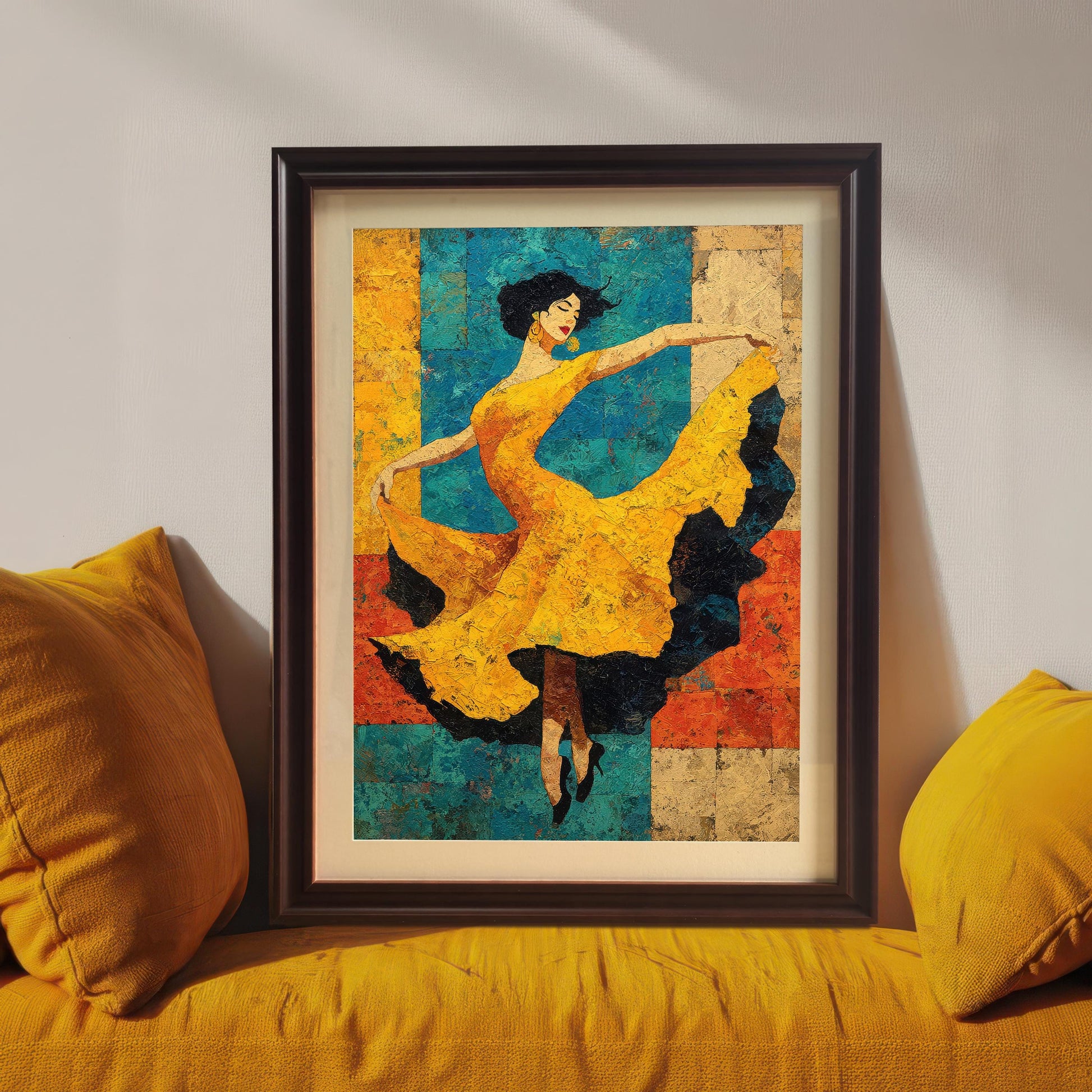 A framed art print with a Coffee Frame & Mount sitting on a yellow window seat or bench, propped up against a white wall with two yellow throw pillows on either side.