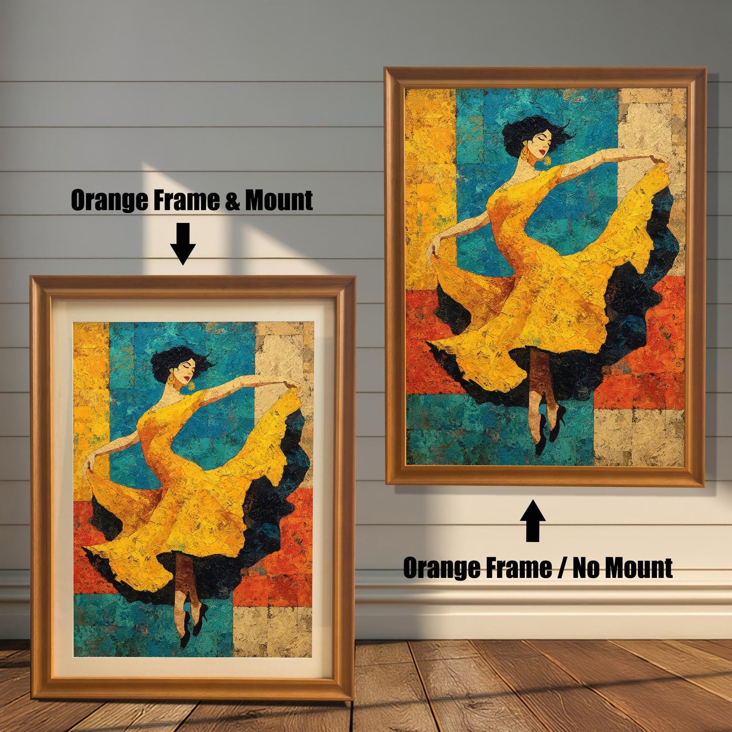 Side-by-side view of a dancer art print. On the left, a smaller print is shown with an Orange Frame & Mount (matting). On the right, a larger print is shown with an Orange Frame / No Mount. Both are against a white wood-paneled wall.