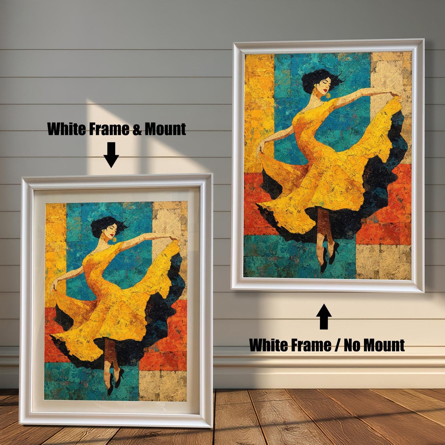 Side-by-side view of a dancer art print. On the left, a smaller print is shown with a White Frame & Mount (matting). On the right, a larger print is shown with a White Frame / No Mount. Both are against a white wood-paneled wall.