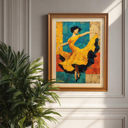 A framed art print with an Orange Frame / No Mount hanging on a gray paneled wall next to a large potted green plant, with sunlight streaming across the print.