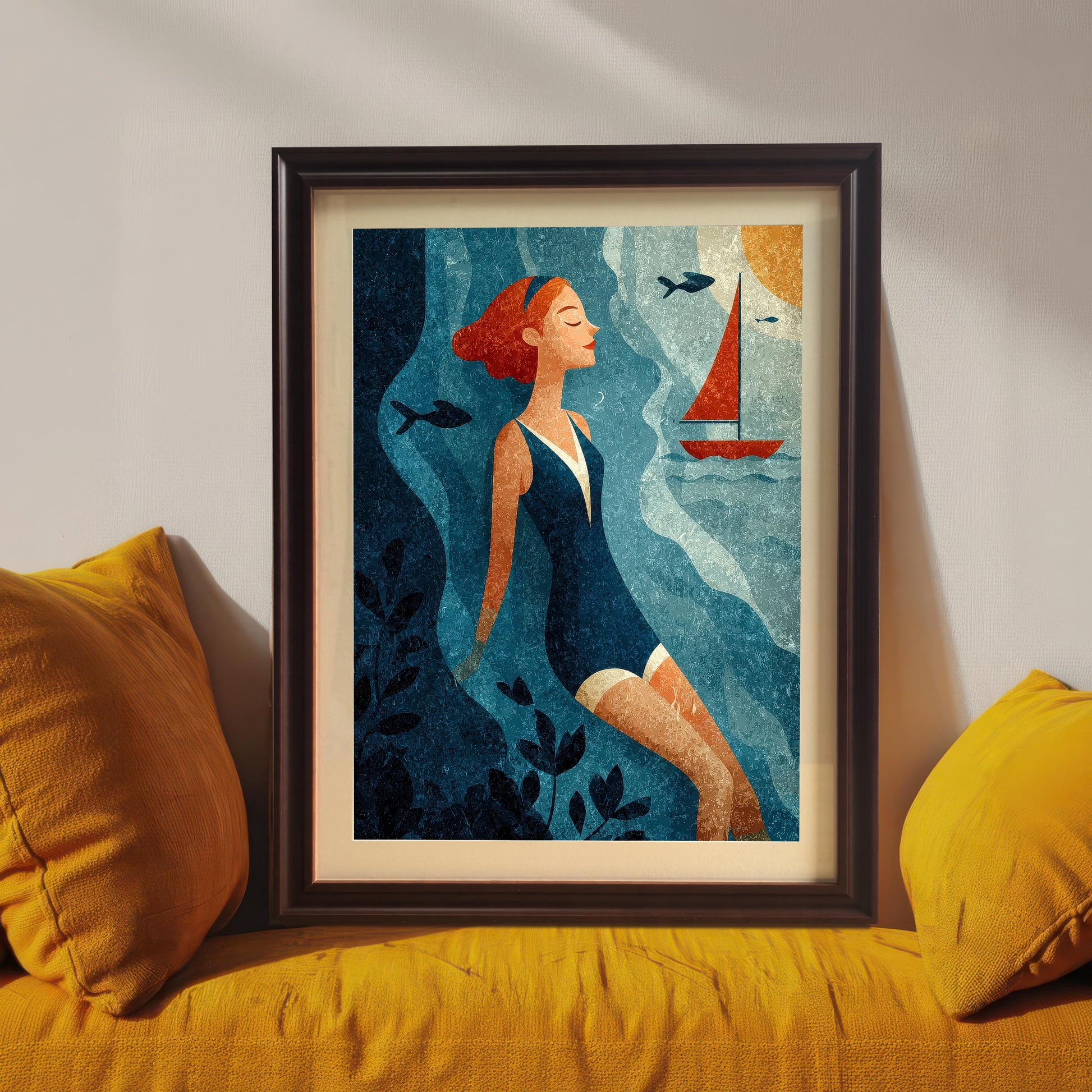A framed art print of the swimmer in a Coffee Frame & Mount (dark brown) sits on a bright yellow cushioned window seat or bench, propped against a white wall with yellow throw pillows.
