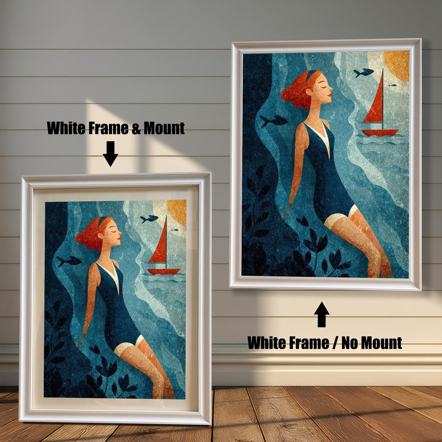 Side-by-side view of a woman-swimmer art print. On the left, a smaller print is shown with a White Frame & Mount (matting). On the right, a larger print is shown with a White Frame / No Mount. Both are against a white wood-paneled wall.