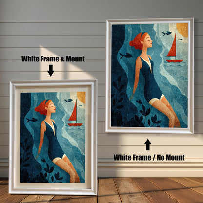 Side-by-side view of a woman-swimmer art print. On the left, a smaller print is shown with a White Frame & Mount (matting). On the right, a larger print is shown with a White Frame / No Mount. Both are against a white wood-paneled wall.