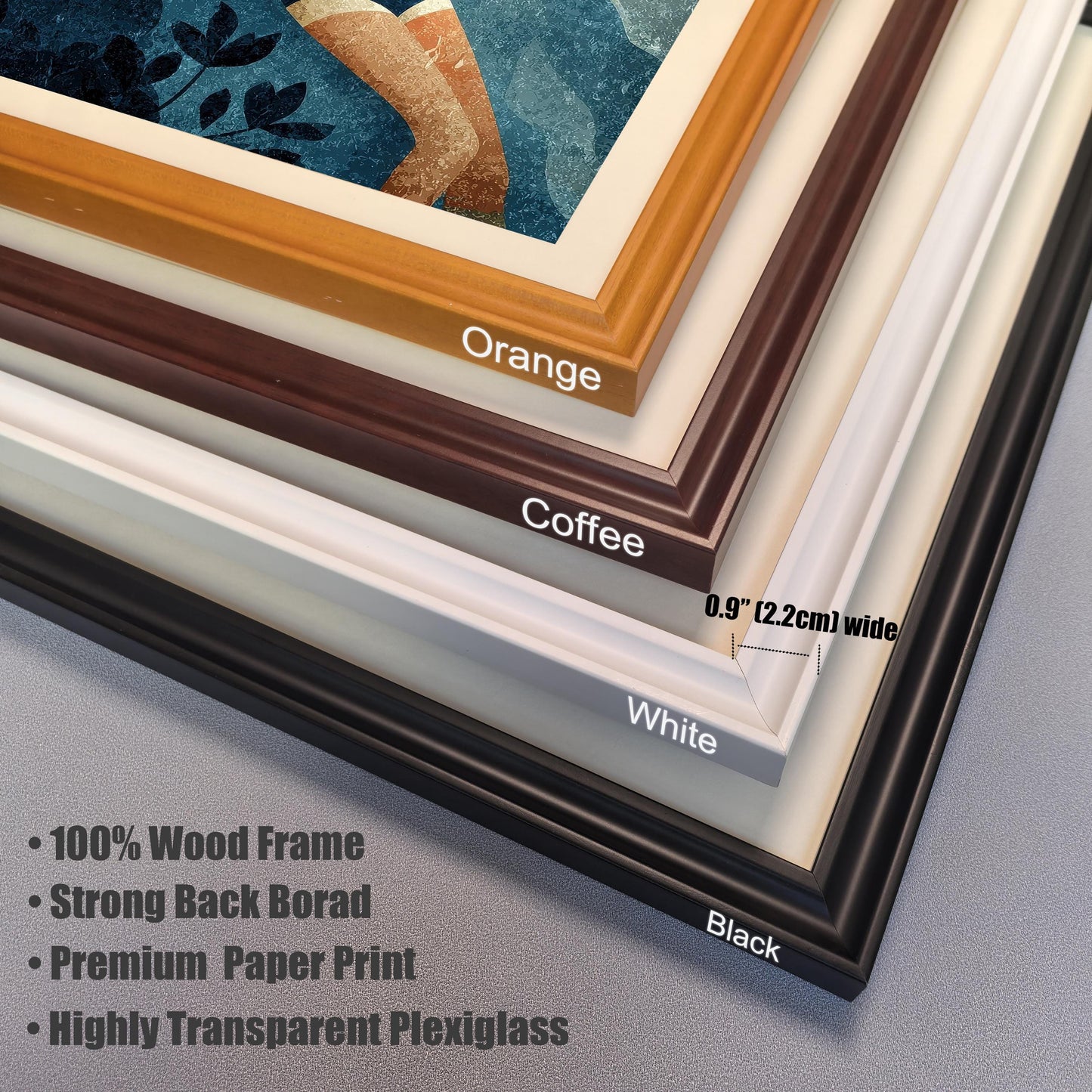 Close-up, stacked corner view of four different frame colors: Orange, Coffee (dark brown), White (off-white), and Black. The image notes the frame is 0.9"" (2.2cm) wide and highlights features: 100% Wood Frame, Strong Back Board, Premium Paper Print, and Highly Transparent Plexiglass.