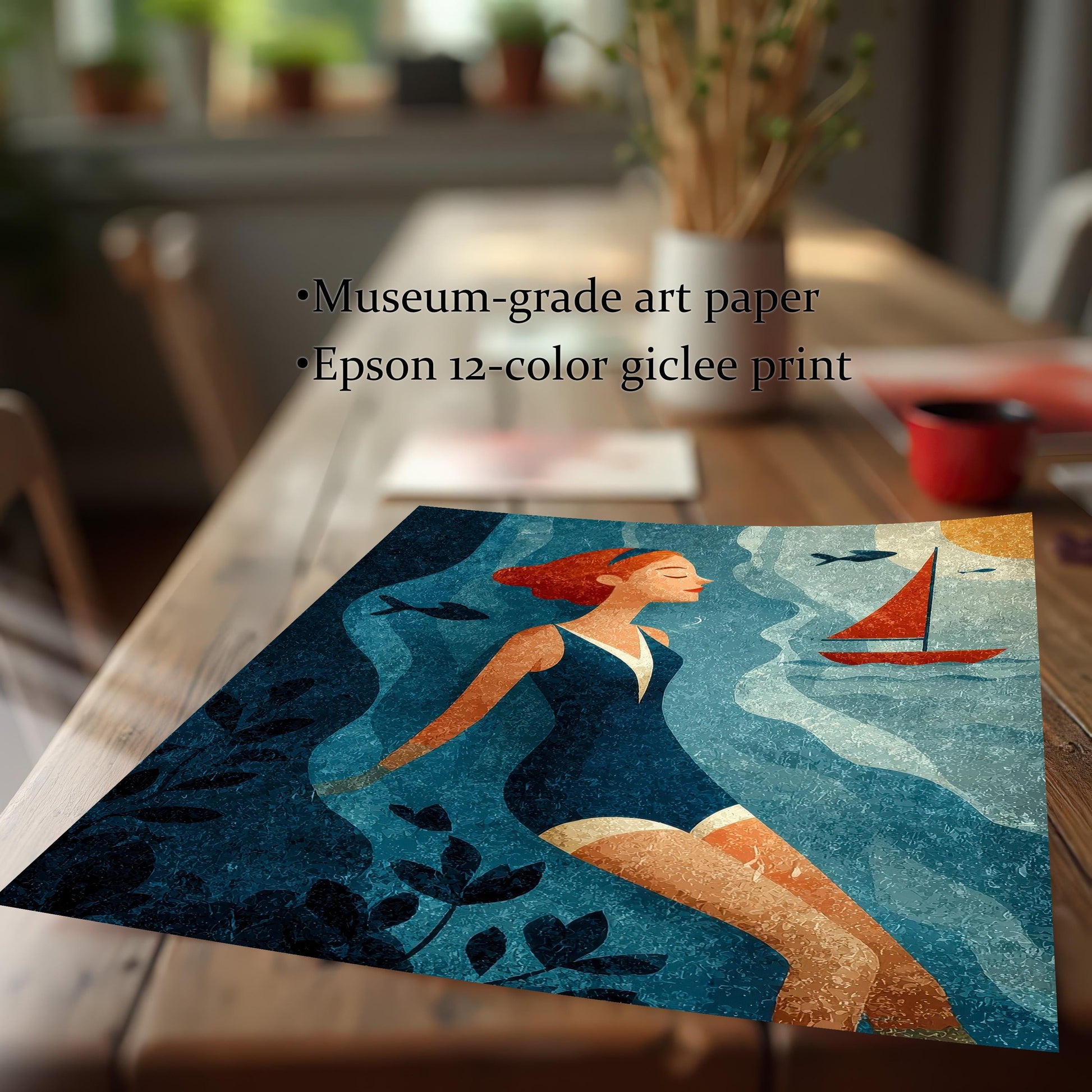 A close-up shot of the un-framed swimmer art print lying flat on a wooden table, emphasizing the deep blue and gold texture. Text overlays mention the quality: Museum-grade art paper and Epson 12-color giclee print.