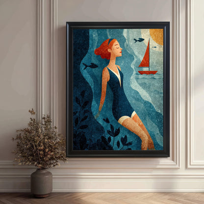 A large framed art print of the swimmer in a Black Frame / No Mount hangs on an elegant white paneled wall next to a decorative vase with dried foliage.