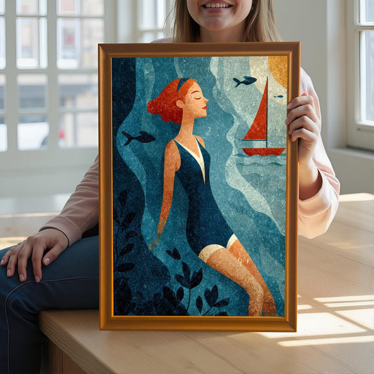 A person holds the framed art print of the swimmer in an Orange Frame / No Mount up close, providing a sense of scale. The background shows a sunny window.