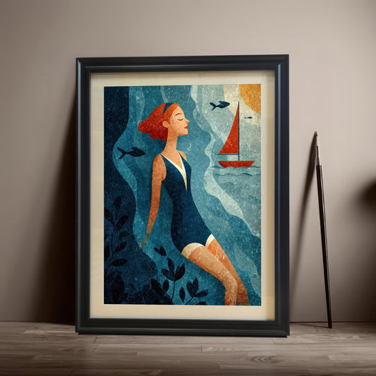 The art print of the swimmer in a blue swimsuit is framed with a Black Frame & Mount and propped on a wooden floor against a neutral taupe wall. A pencil or thin decorative object leans against the wall to the side.