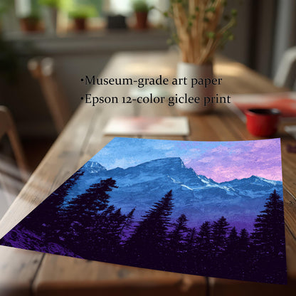 A close-up shot of the un-framed mountain print lying flat on a wooden table, emphasizing the blue and purple colors of the sky and the dark silhouette of the trees. Text overlays mention the quality: Museum-grade art paper and Epson 12-color giclee print.