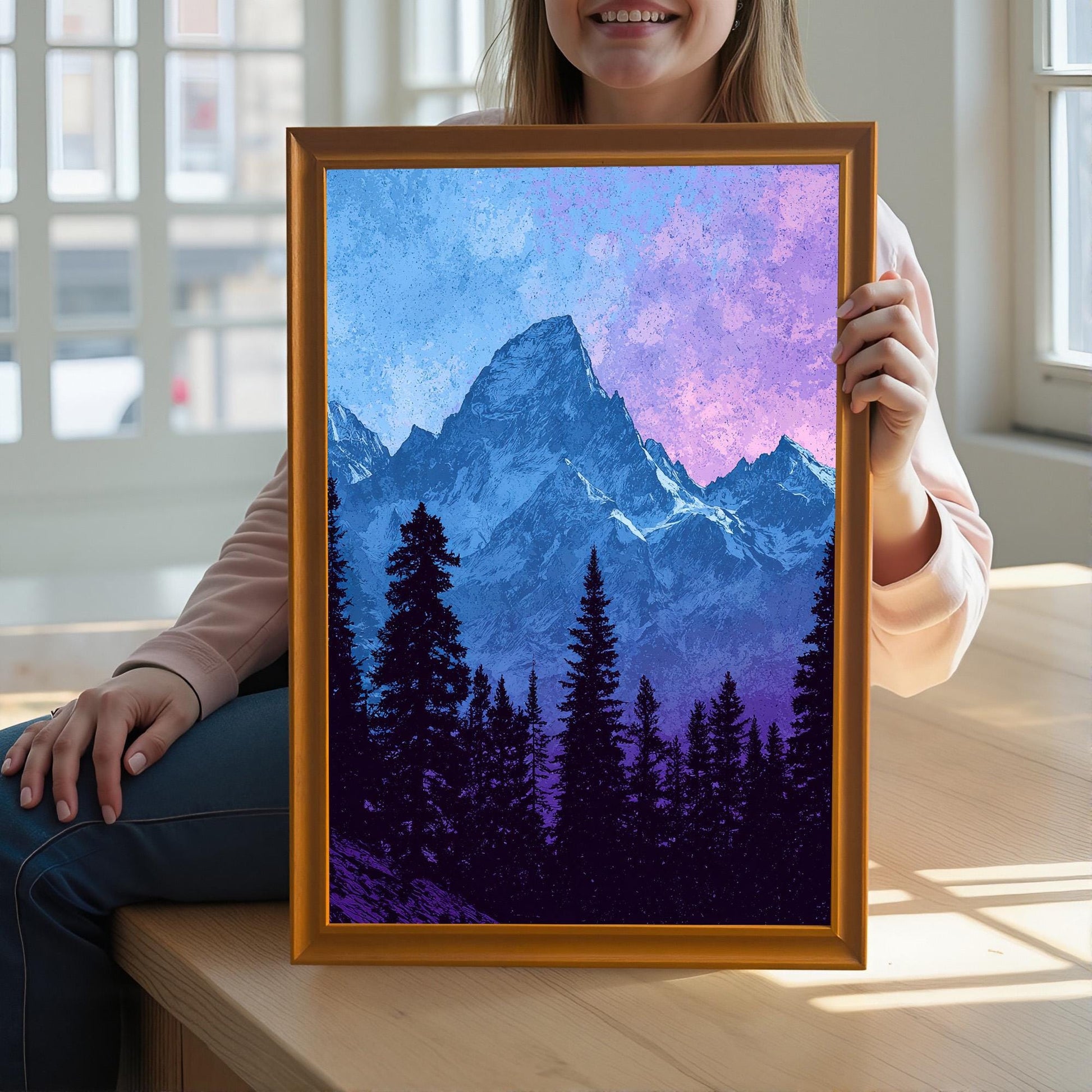 A person holds the framed mountain art print in an Orange Frame / No Mount up close, providing a sense of scale. The background shows a sunny window.