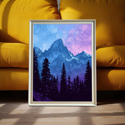 A framed mountain art print with a White/Silver Frame (no mount) is propped on the floor in front of a large, bright yellow cushioned sofa. The print features blue and purple mountains and dark pine trees.