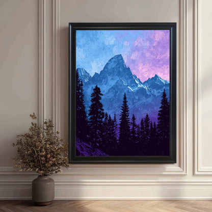 A large framed mountain art print in a Black Frame / No Mount hangs on an elegant white paneled wall next to a decorative vase with dried foliage.
