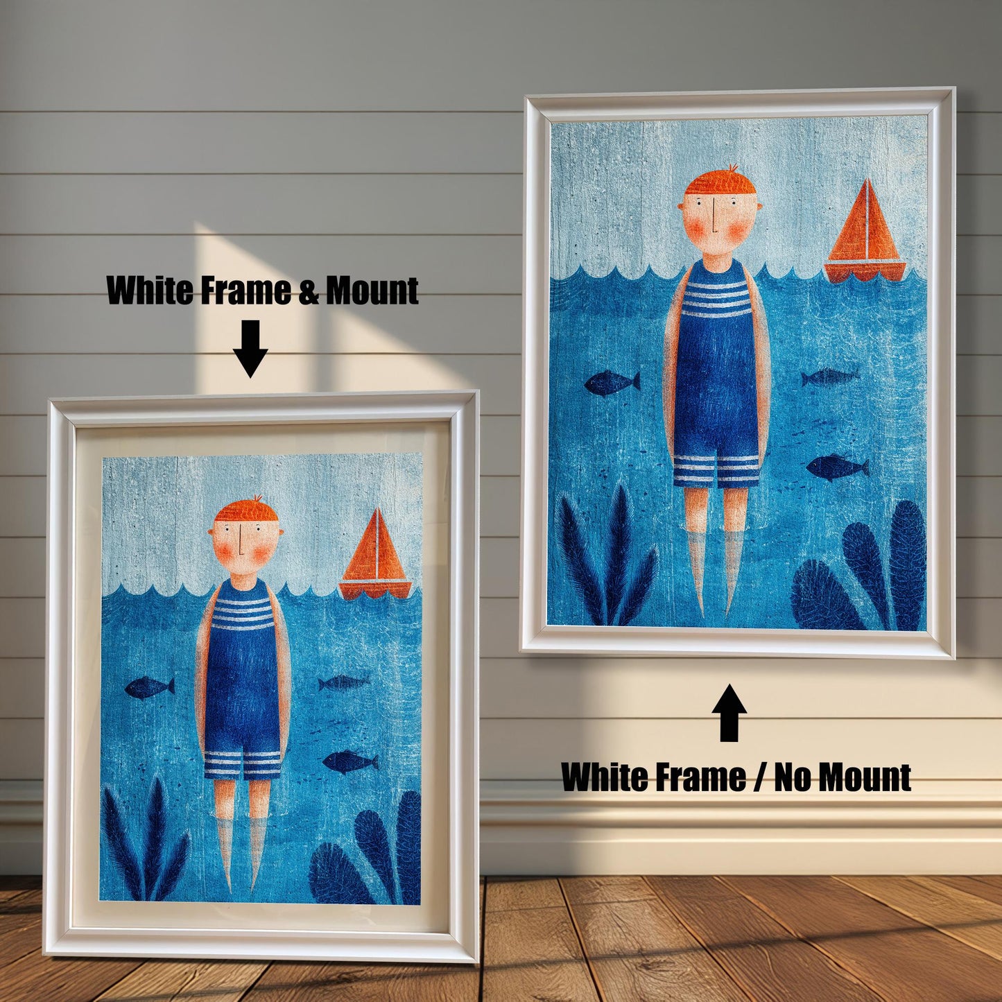 Two options for framing a blue and orange nautical art print, shown leaning against a wooden wall: White Frame & Mount (smaller, with a white border/mount) and White Frame / No Mount (larger, with the print filling the entire frame).