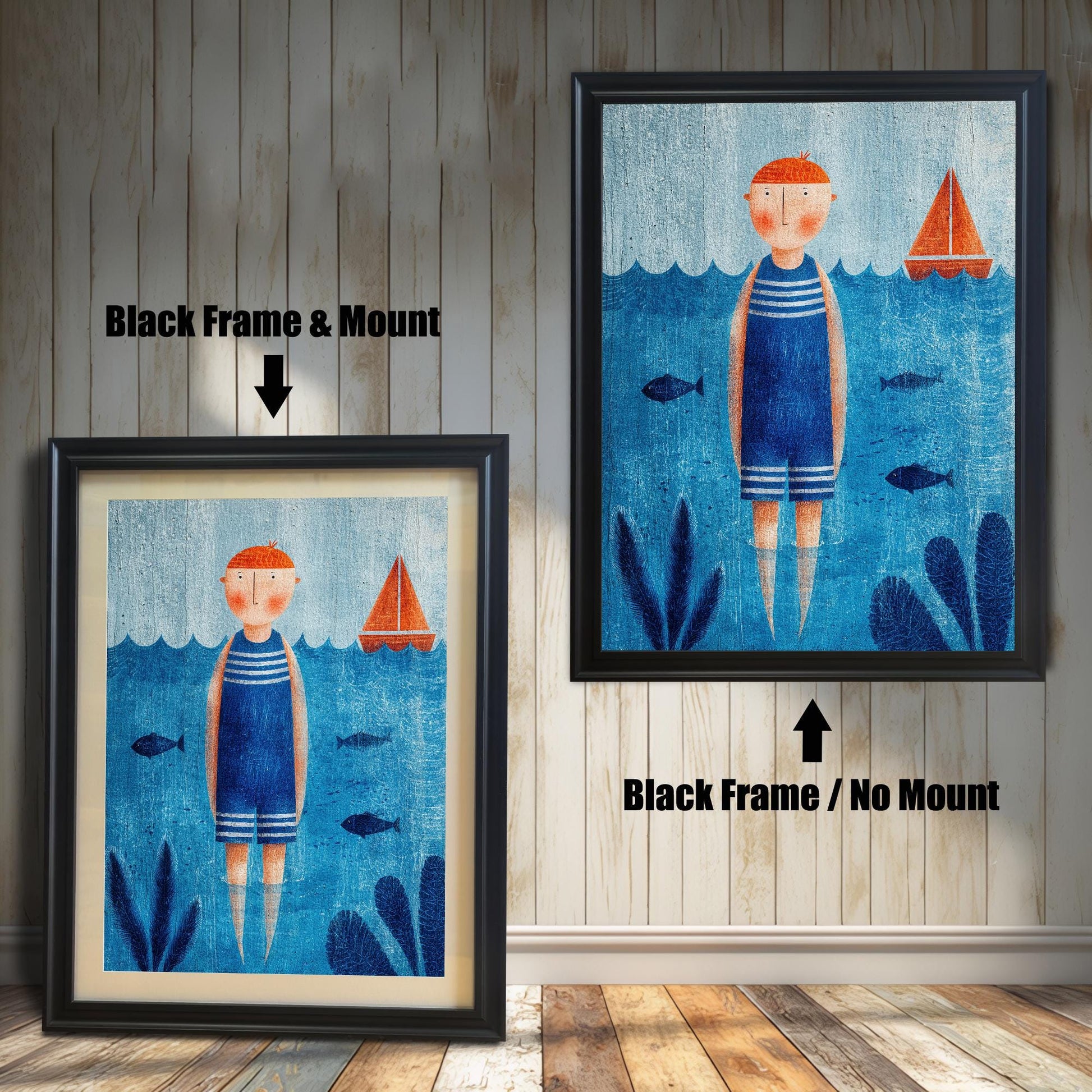 Two options for framing a blue and orange nautical art print, shown leaning against a wooden wall: Black Frame & Mount (smaller, with a white border/mount) and Black Frame / No Mount (larger, with the print filling the entire frame).