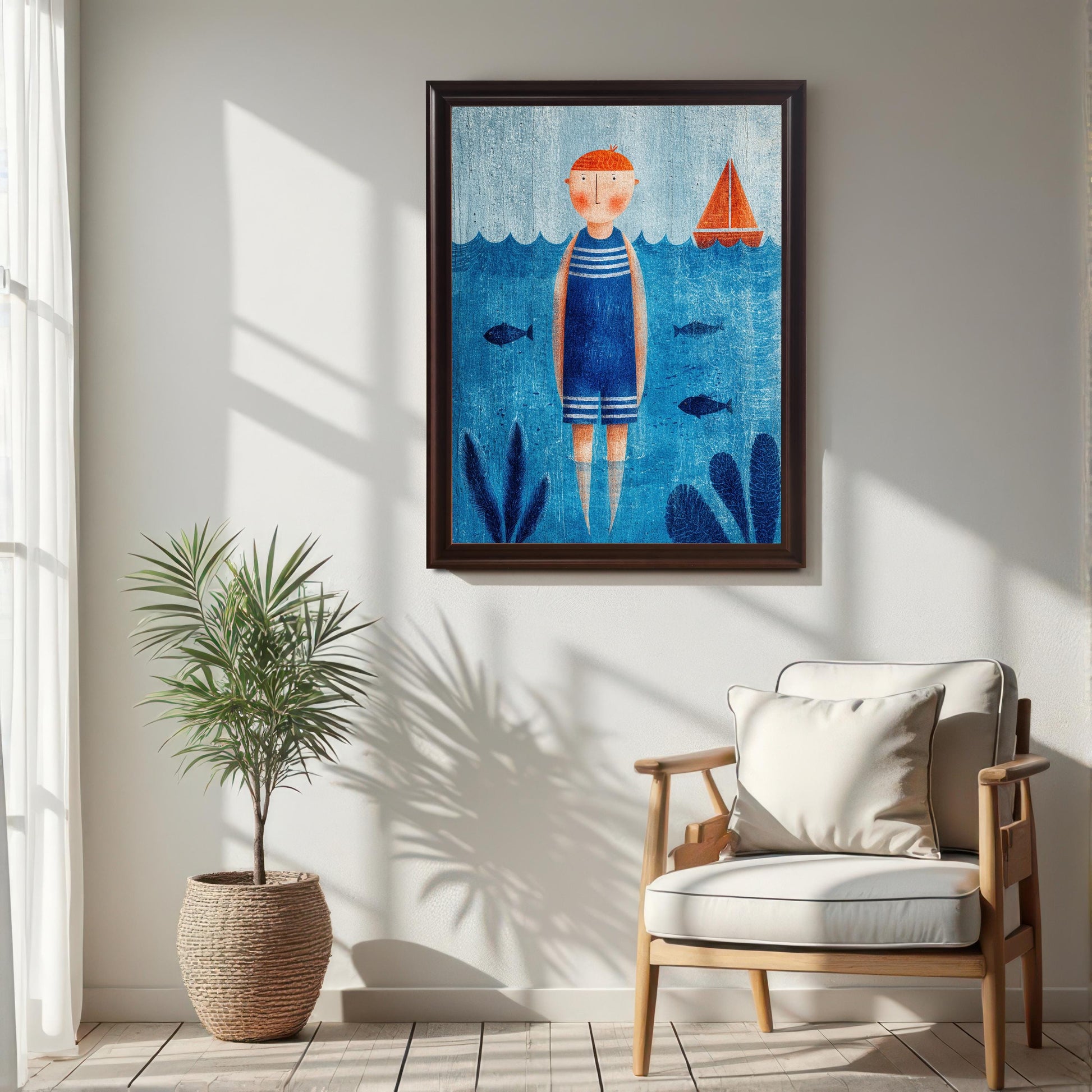 A framed nautical art print in a dark brown/coffee frame, hanging on a white wall above a light wood floor. The print is centered above a light-colored armchair with a cushion, and a potted palm in a woven basket stands next to a large window.