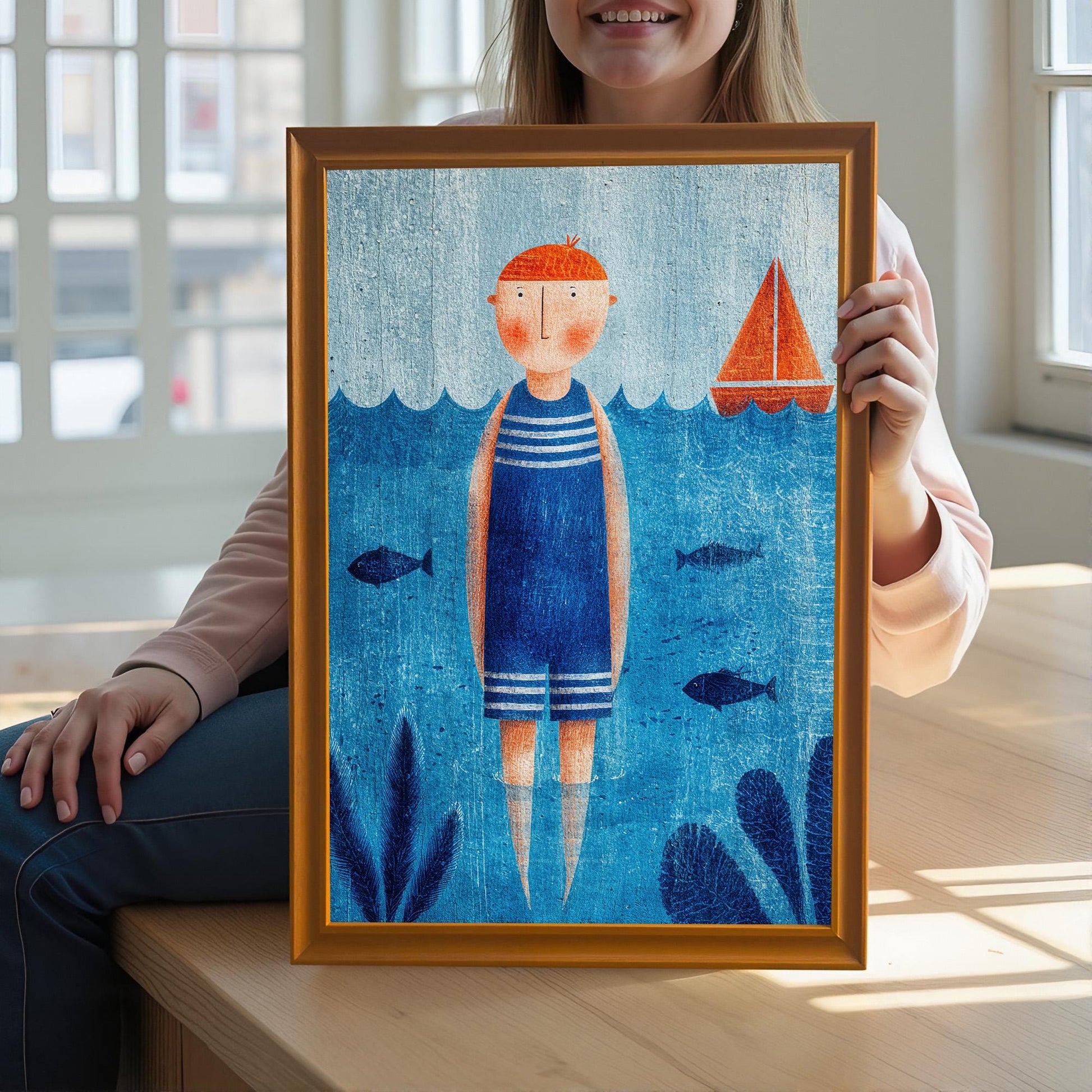 A smiling person is holding a framed nautical art print in front of them, sitting on a wooden surface near a sunny window. The frame is a light brown/orange color.