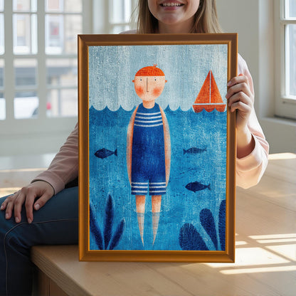 A smiling person is holding a framed nautical art print in front of them, sitting on a wooden surface near a sunny window. The frame is a light brown/orange color.