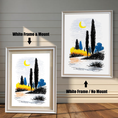 Two options for framing the abstract landscape print, shown leaning against a wooden wall: White Frame & Mount (smaller, with a white border/mount) and White Frame / No Mount (larger, with the print filling the entire frame).