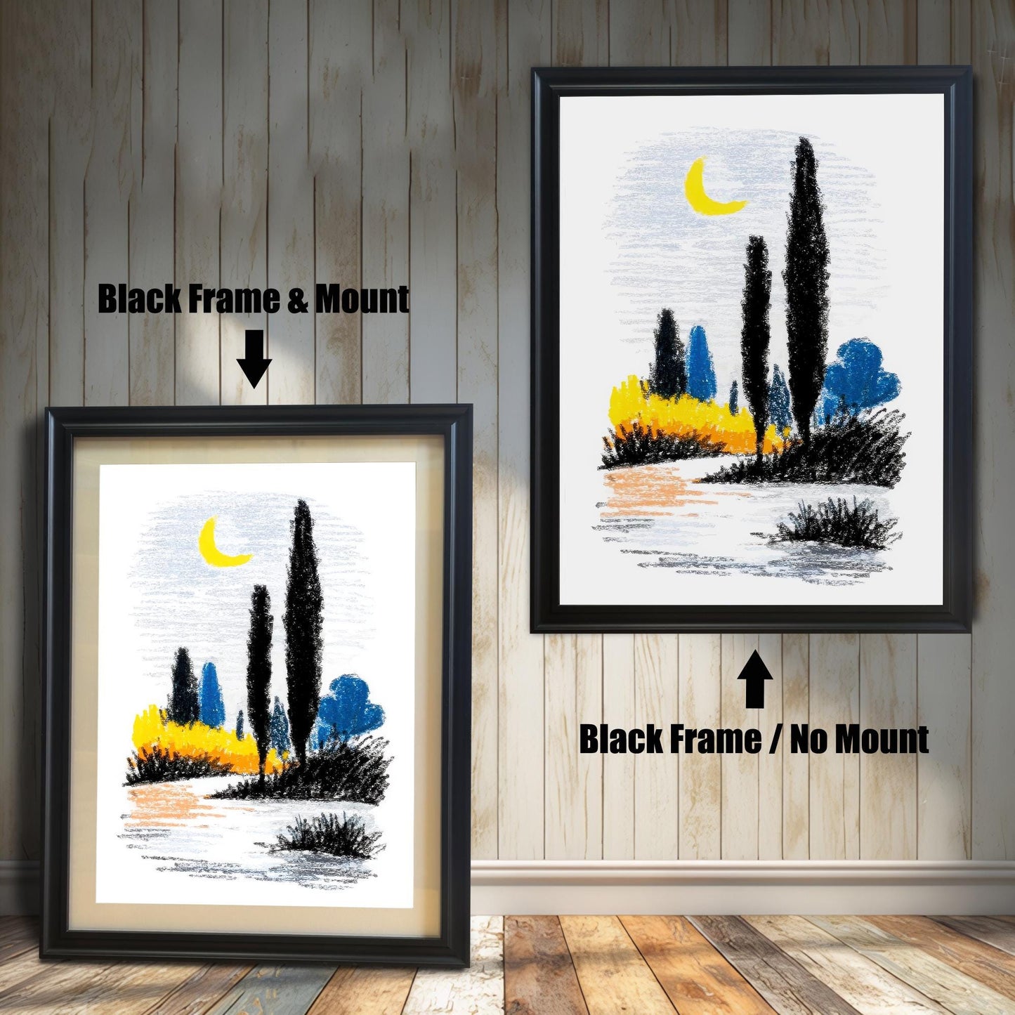 Two options for framing the abstract landscape print, shown leaning against a wooden wall: Black Frame & Mount (smaller, with a white border/mount) and Black Frame / No Mount (larger, with the print filling the entire frame).
