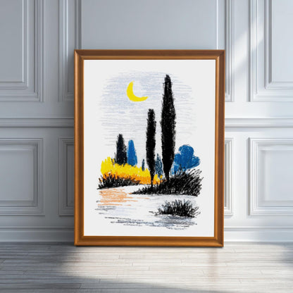A large, framed abstract landscape print in a light brown/orange frame, leaning against a white wainscoted wall on a light wooden floor. The art features black trees and colorful shrubs under a crescent moon.