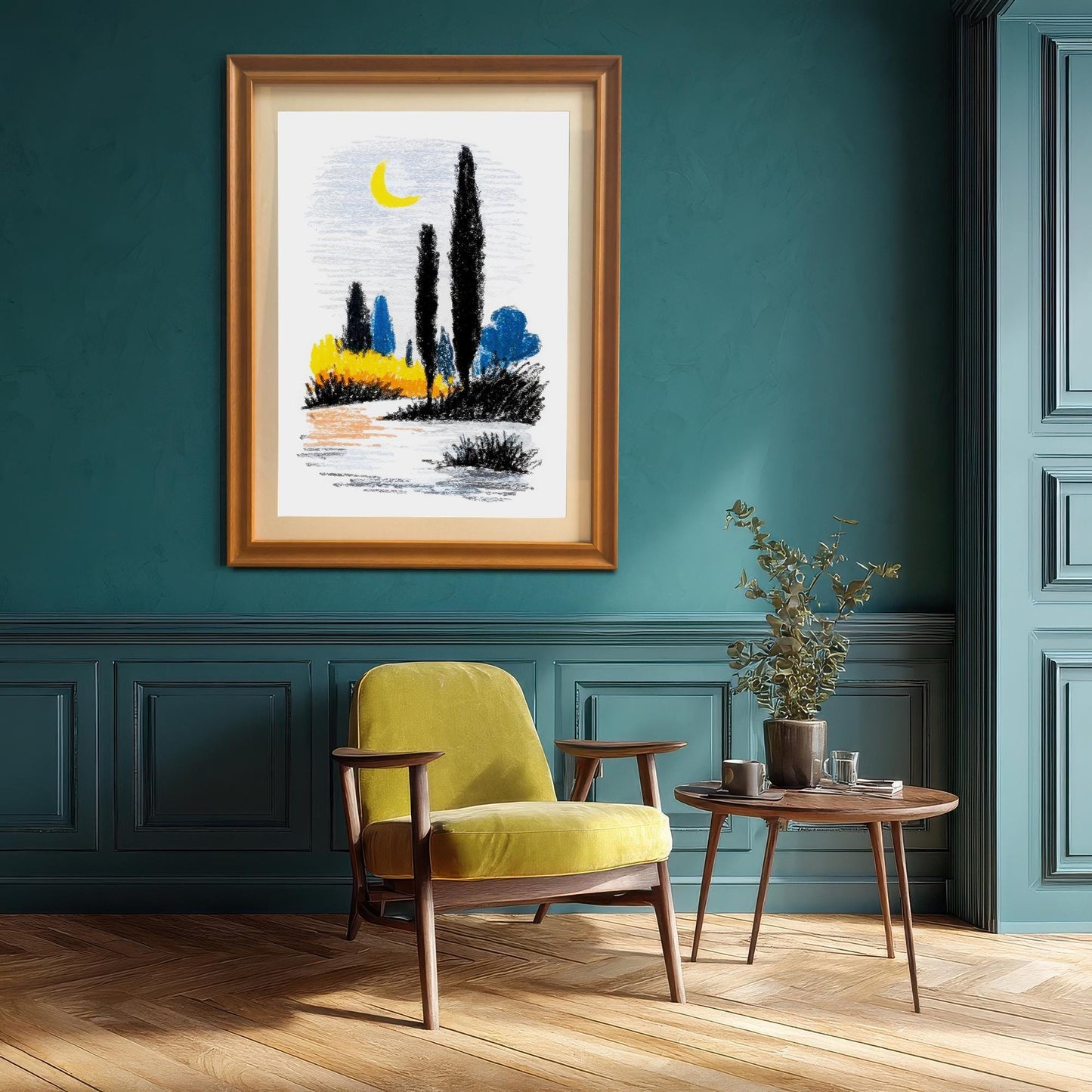 A framed abstract landscape print in a light brown/orange frame, hanging on a textured dark teal wall above a vintage-style chartreuse armchair and a small side table.