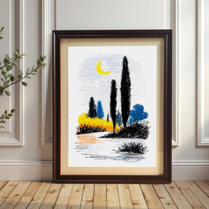 A framed abstract landscape print in a dark brown/coffee frame with a white mount, leaning against a white wainscoted wall on a light wooden floor. A small plant branch is visible in the foreground to the left.