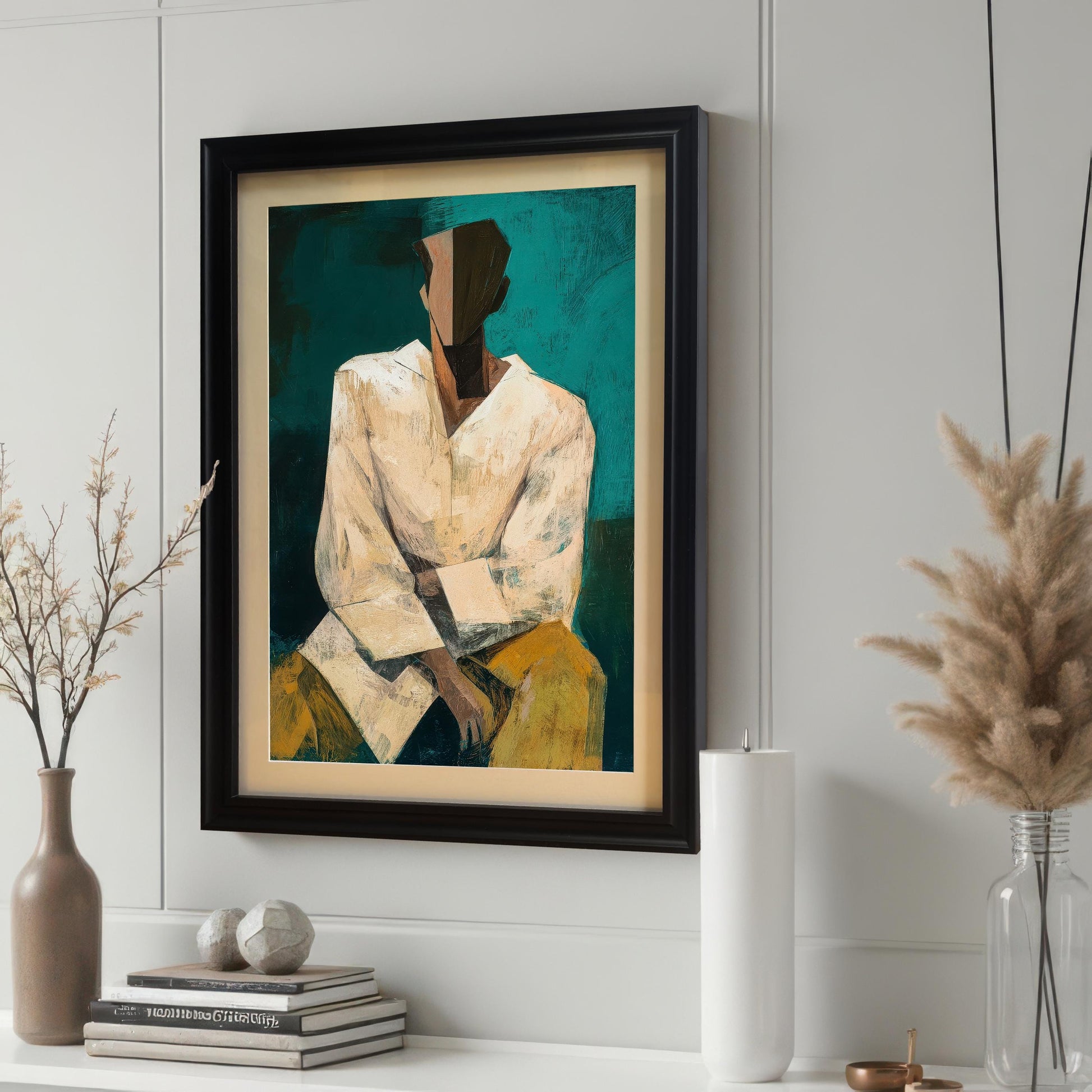 A framed abstract portrait print, in a black frame with a white mount, hanging at an angle on a white wainscoted wall above a styled mantelpiece with books and vases.