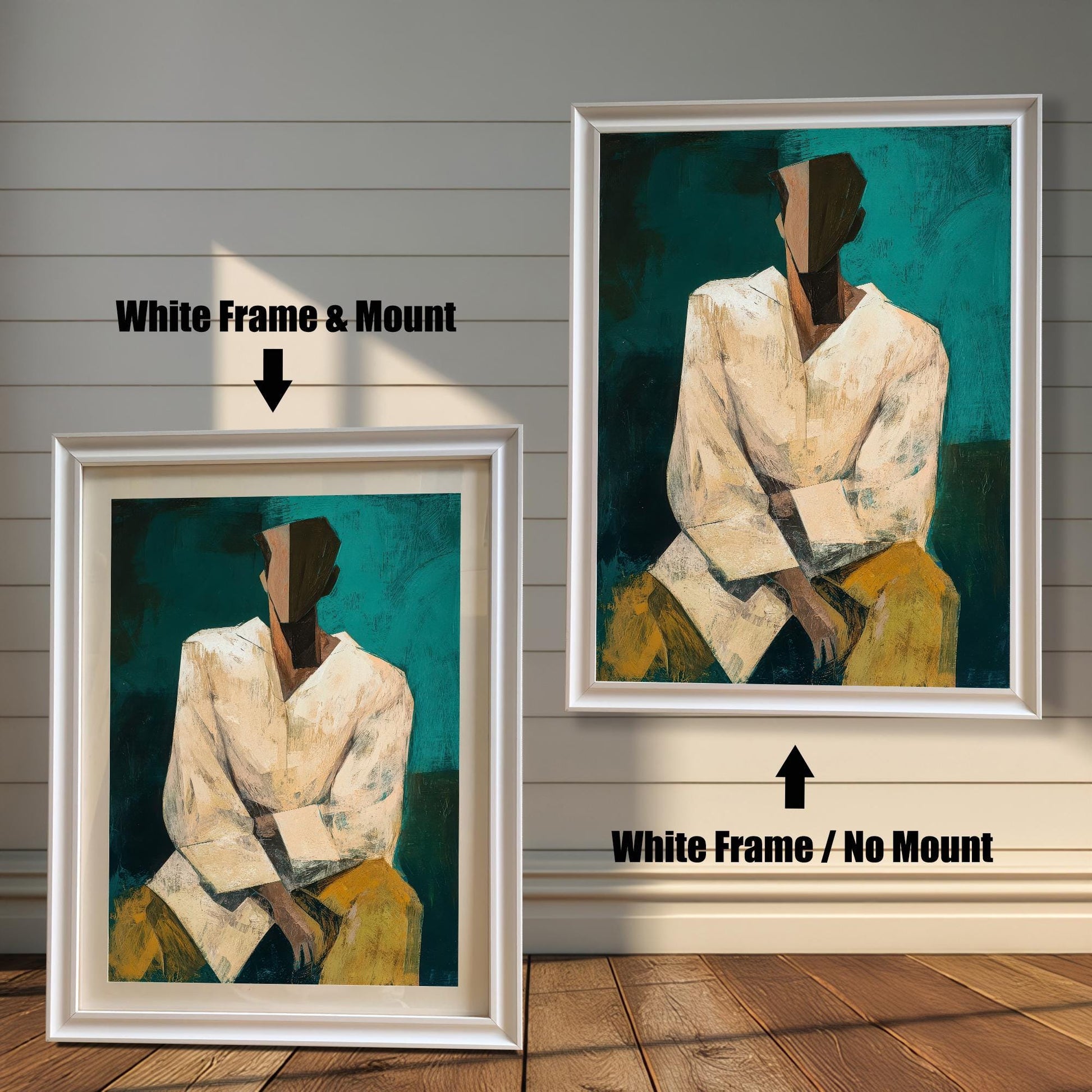 Two options for framing the abstract portrait print, shown leaning against a wooden wall: White Frame & Mount (smaller, with a light border/mount) and White Frame / No Mount (larger, with the print filling the entire frame).