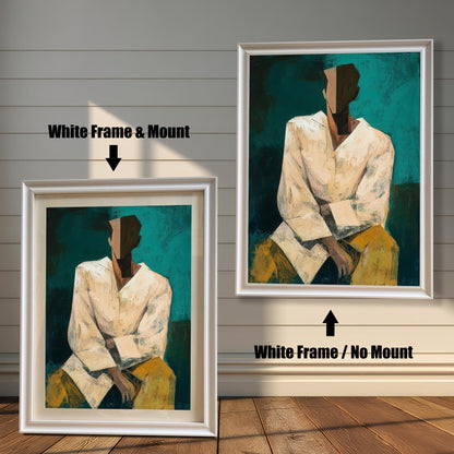 Two options for framing the abstract portrait print, shown leaning against a wooden wall: White Frame & Mount (smaller, with a light border/mount) and White Frame / No Mount (larger, with the print filling the entire frame).