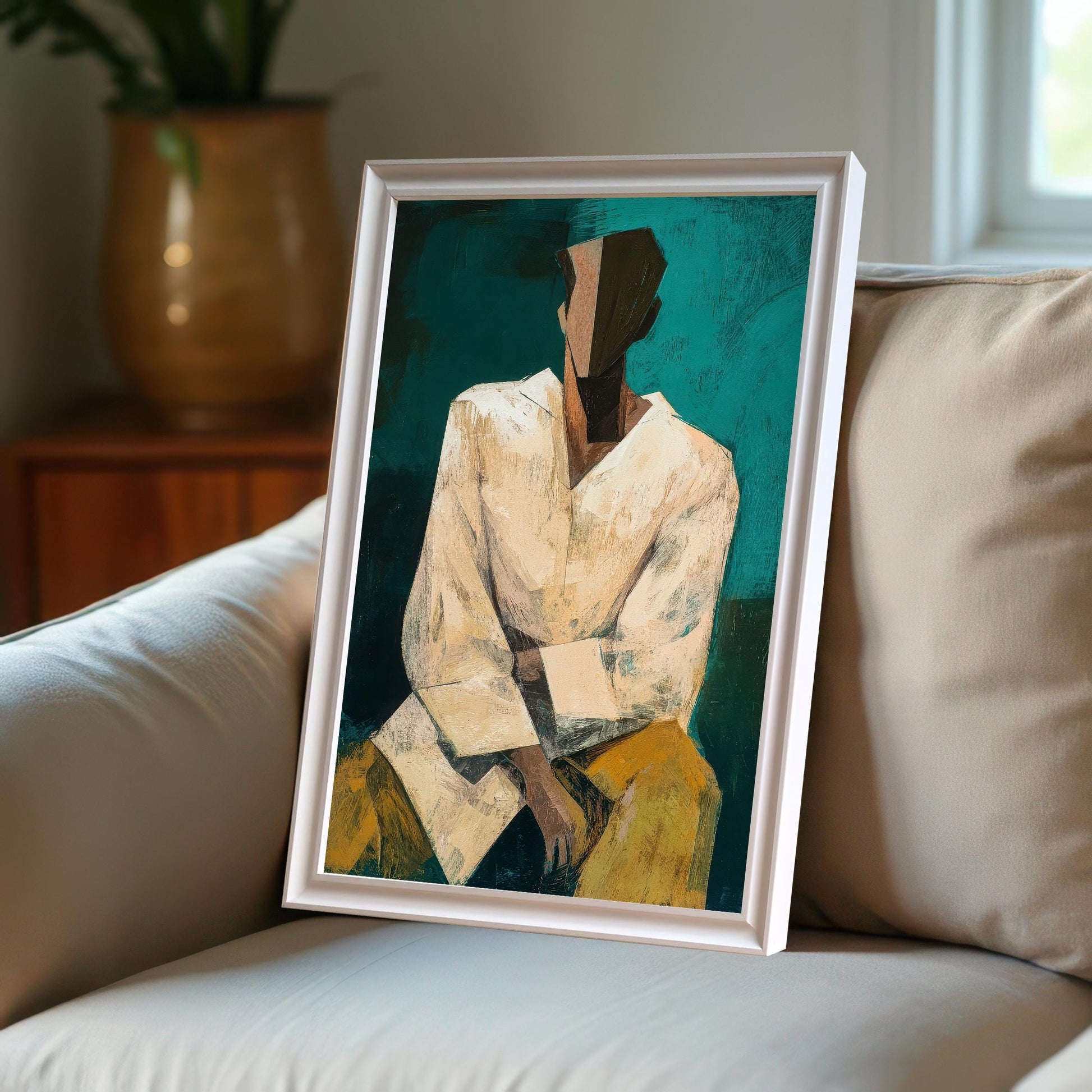 A framed abstract portrait print in a white frame, leaning on a light-colored sofa in a sunny room. The art features an abstract figure in a white shirt and yellow pants against a dark teal background.