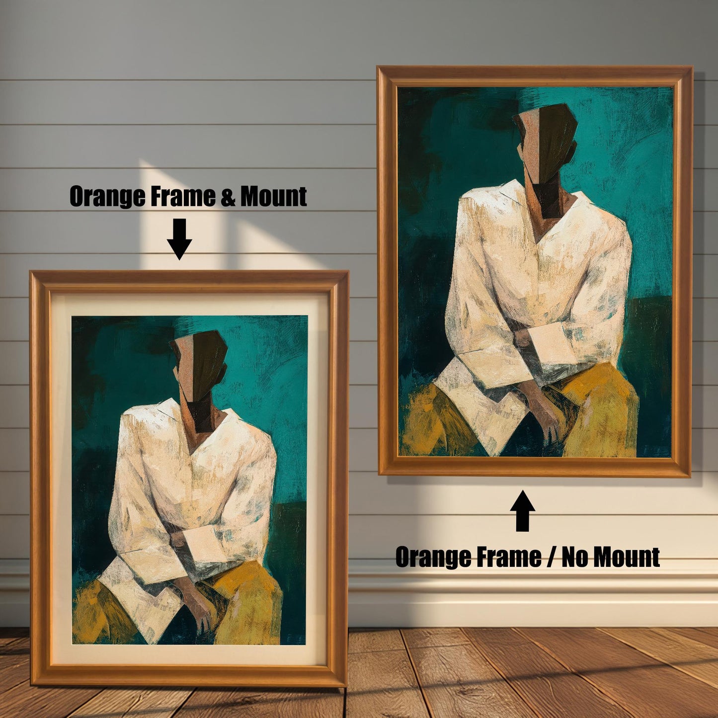 Two options for framing the abstract portrait print, shown leaning against a wooden wall: Orange Frame & Mount (smaller, light brown frame with a light border/mount) and Orange Frame / No Mount (larger, light brown frame with the print filling the entire frame).