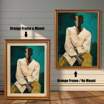 Two options for framing the abstract portrait print, shown leaning against a wooden wall: Orange Frame & Mount (smaller, light brown frame with a light border/mount) and Orange Frame / No Mount (larger, light brown frame with the print filling the entire frame).