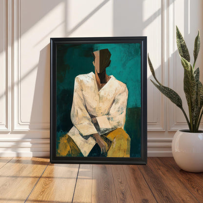 A large, framed abstract portrait print in a black frame, leaning against a white wainscoted wall on a wooden floor. A tall potted snake plant is visible to the right.