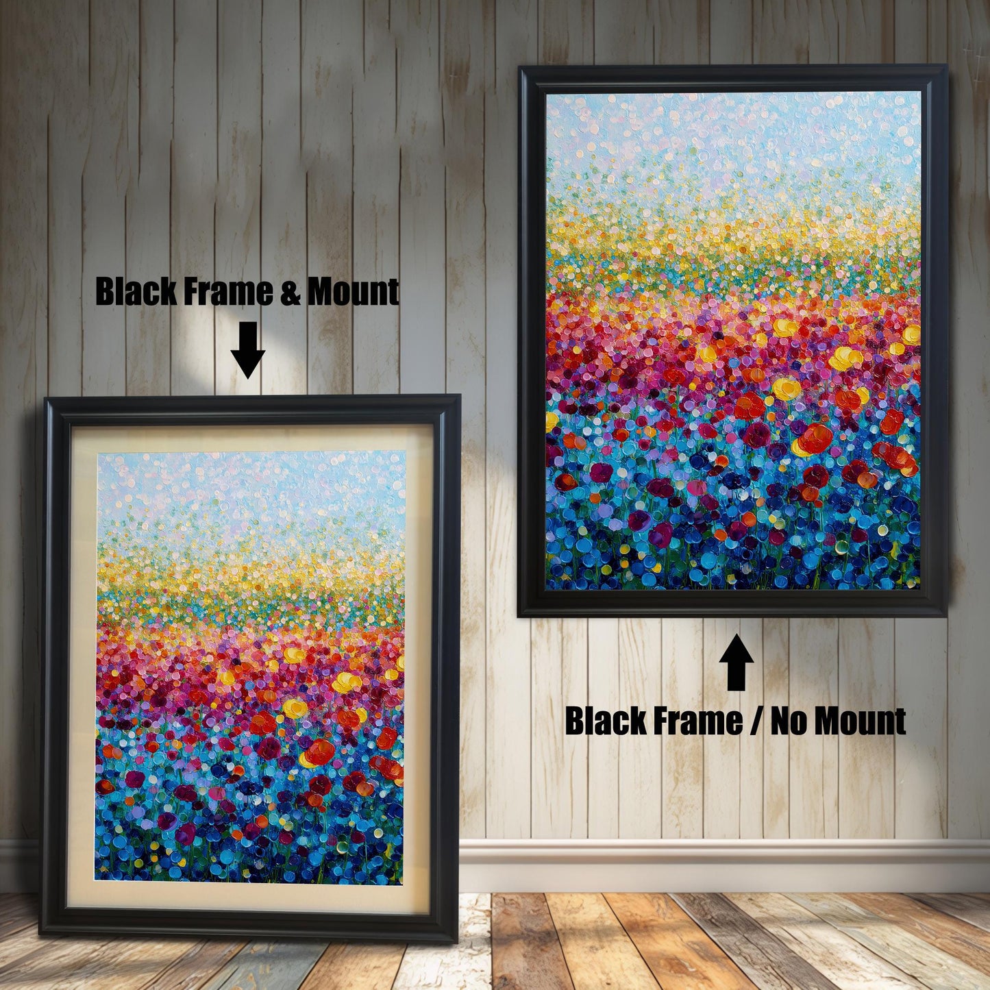 Comparison image showing the colorful flower field art print in a Black Frame with Mount (smaller, bottom left) and a Black Frame with No Mount (larger, top right).