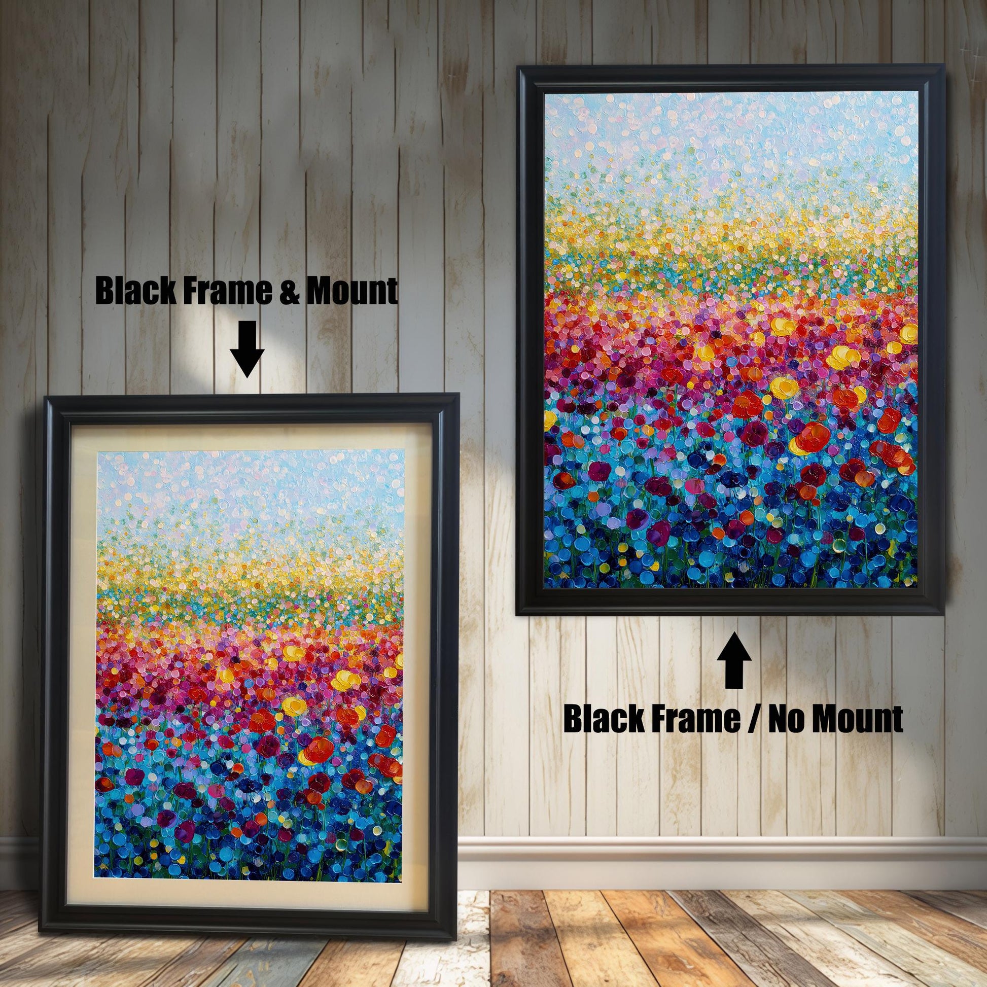 Comparison image showing the colorful flower field art print in a Black Frame with Mount (smaller, bottom left) and a Black Frame with No Mount (larger, top right).