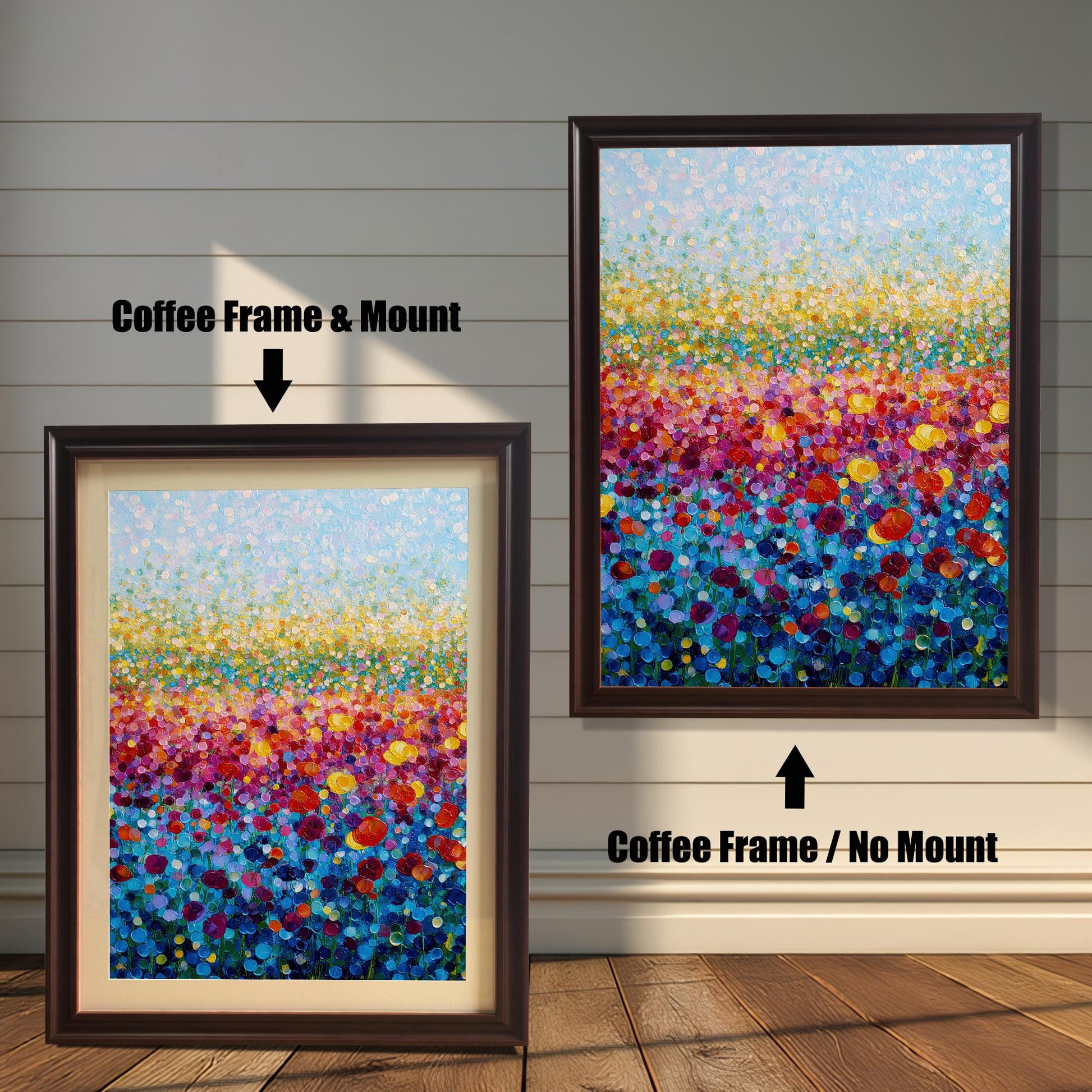 Comparison image showing the colorful flower field art print in a Coffee Frame with Mount (smaller, bottom left) and a Coffee Frame with No Mount (larger, top right).